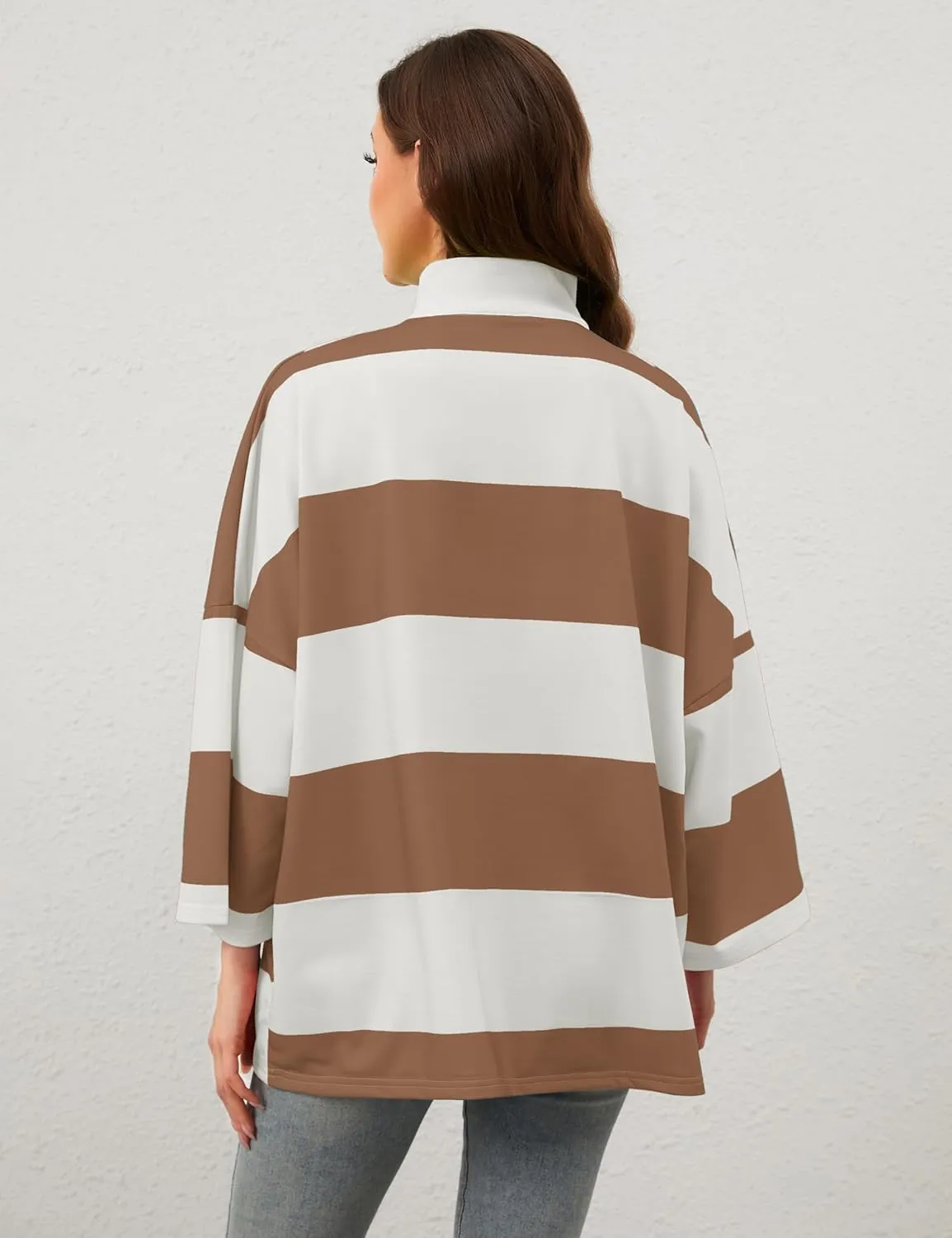OLAPTA Women Oversized Striped Tee Shirts Half Zip Long Sleeve Colorblock T-Shirts Loose Fit V-Neck Casual Pullover Tee Tops