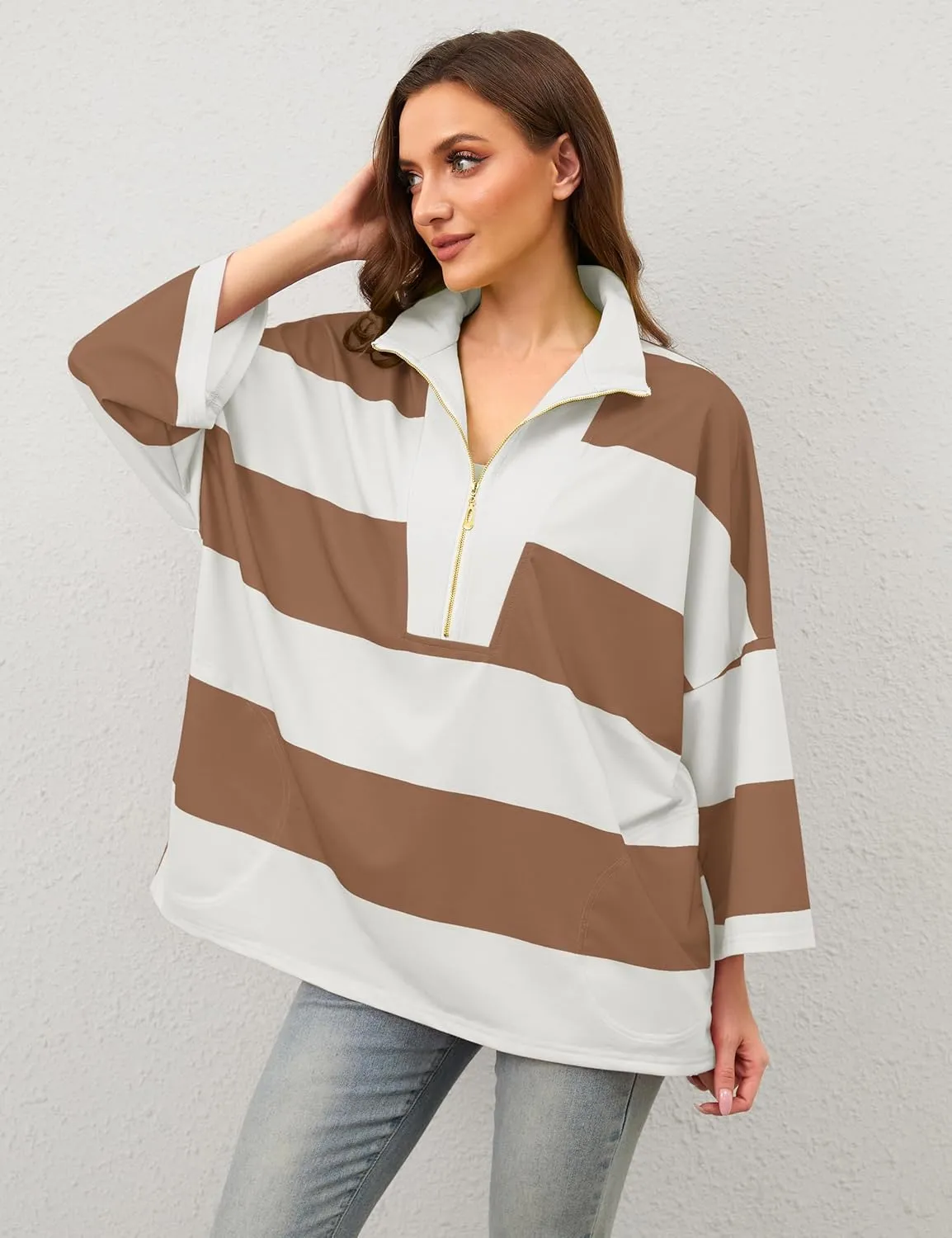 OLAPTA Women Oversized Striped Tee Shirts Half Zip Long Sleeve Colorblock T-Shirts Loose Fit V-Neck Casual Pullover Tee Tops