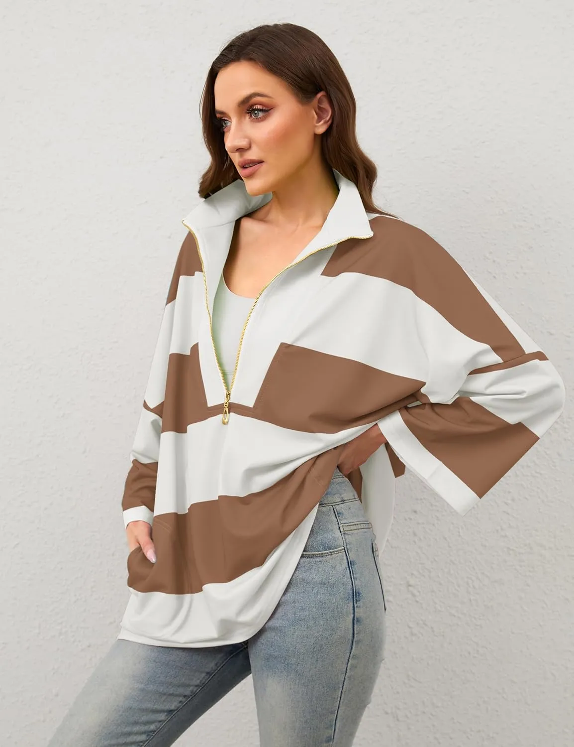OLAPTA Women Oversized Striped Tee Shirts Half Zip Long Sleeve Colorblock T-Shirts Loose Fit V-Neck Casual Pullover Tee Tops