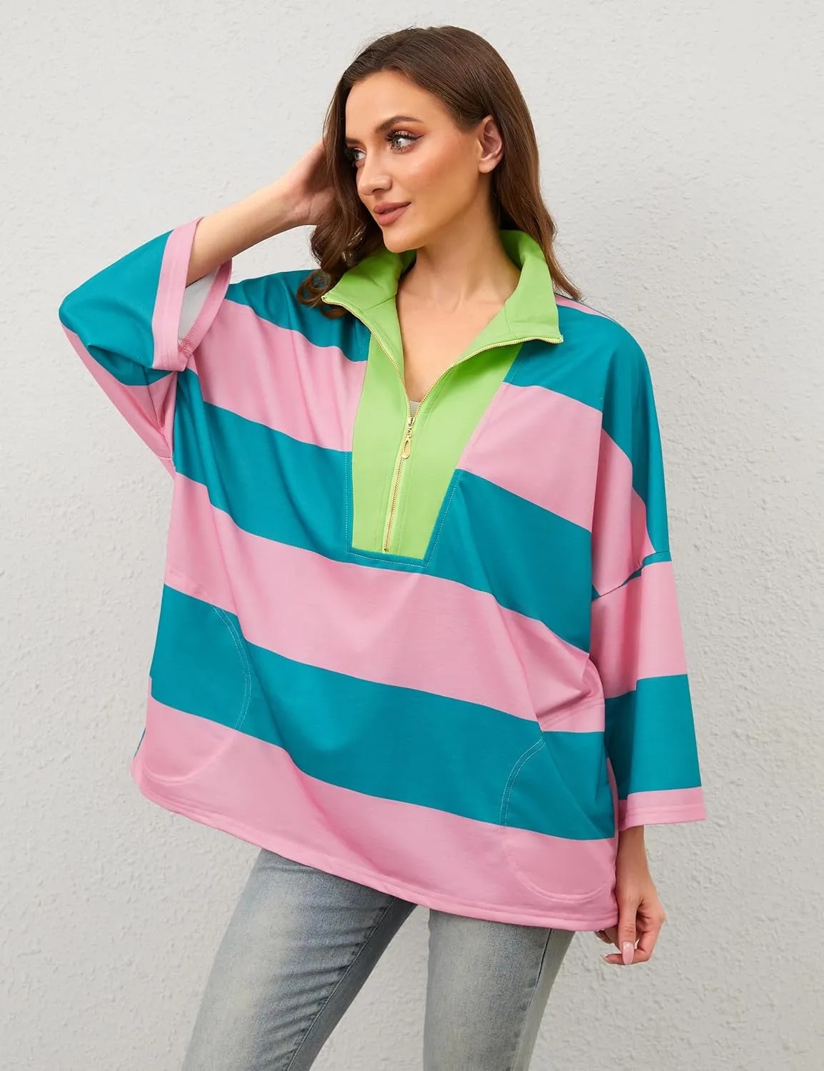 OLAPTA Women Oversized Striped Tee Shirts Half Zip Long Sleeve Colorblock T-Shirts Loose Fit V-Neck Casual Pullover Tee Tops