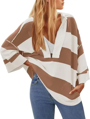 OLAPTA Women Oversized Striped Tee Shirts Half Zip Long Sleeve Colorblock T-Shirts Loose Fit V-Neck Casual Pullover Tee Tops