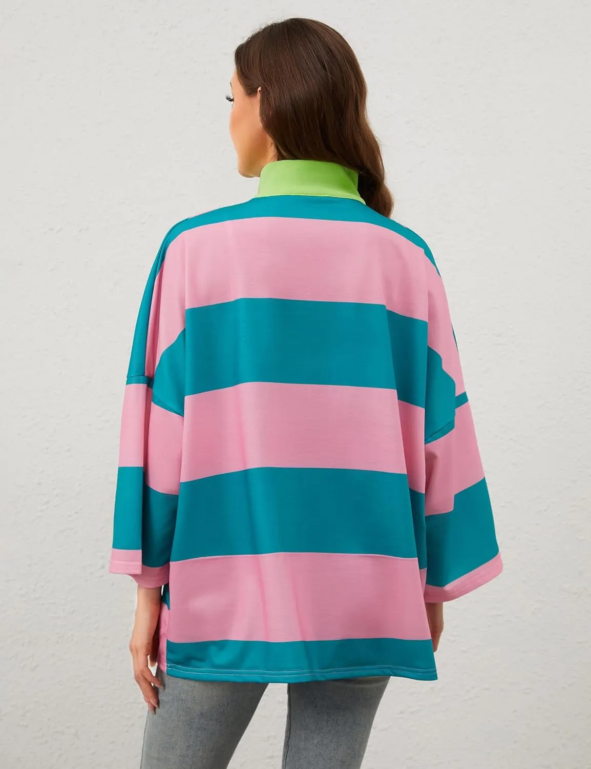OLAPTA Women Oversized Striped Tee Shirts Half Zip Long Sleeve Colorblock T-Shirts Loose Fit V-Neck Casual Pullover Tee Tops