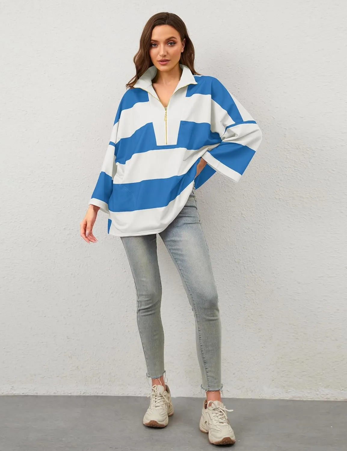 OLAPTA Women Oversized Striped Tee Shirts Half Zip Long Sleeve Colorblock T-Shirts Loose Fit V-Neck Casual Pullover Tee Tops