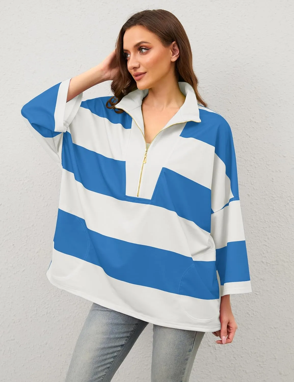 OLAPTA Women Oversized Striped Tee Shirts Half Zip Long Sleeve Colorblock T-Shirts Loose Fit V-Neck Casual Pullover Tee Tops