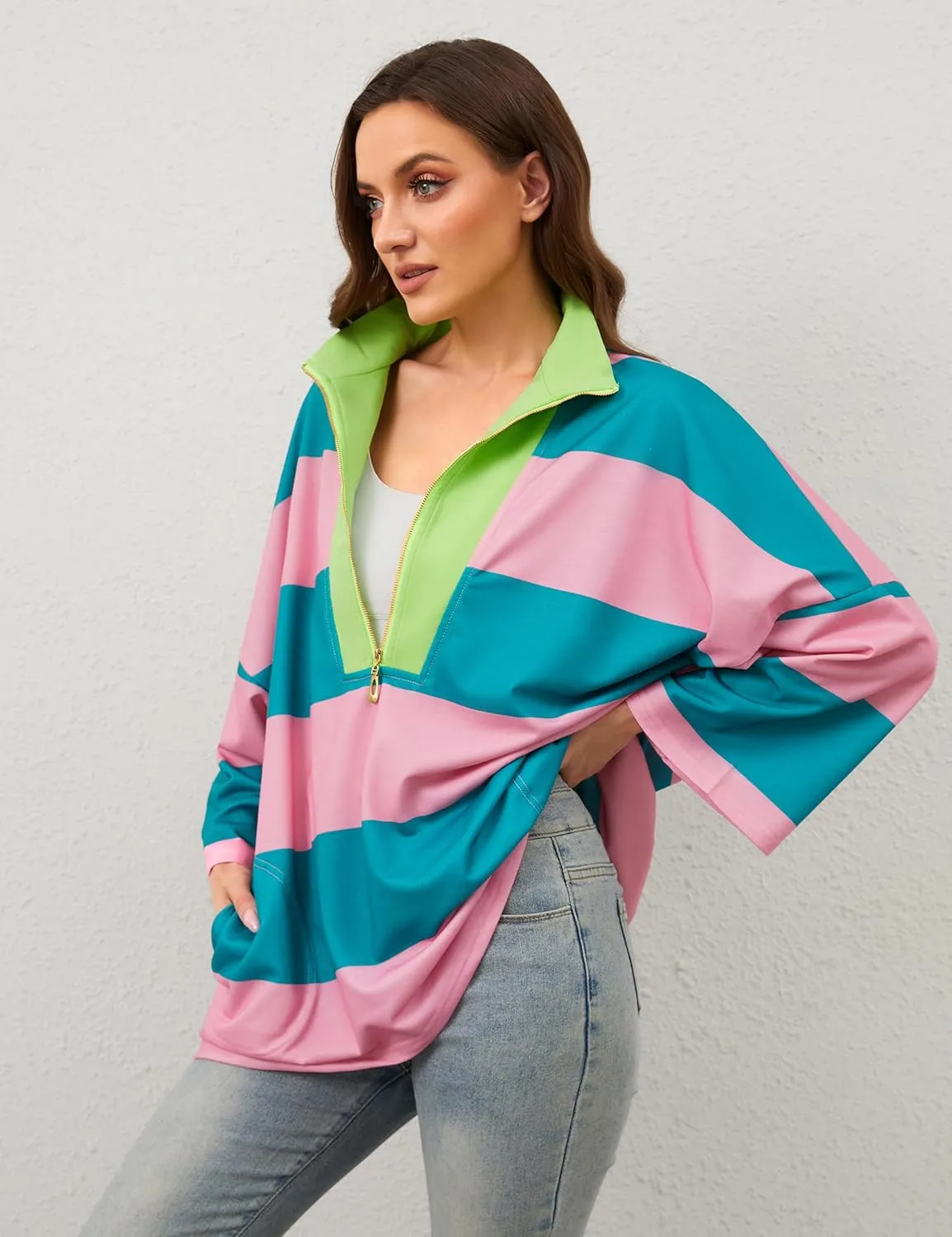 OLAPTA Women Oversized Striped Tee Shirts Half Zip Long Sleeve Colorblock T-Shirts Loose Fit V-Neck Casual Pullover Tee Tops