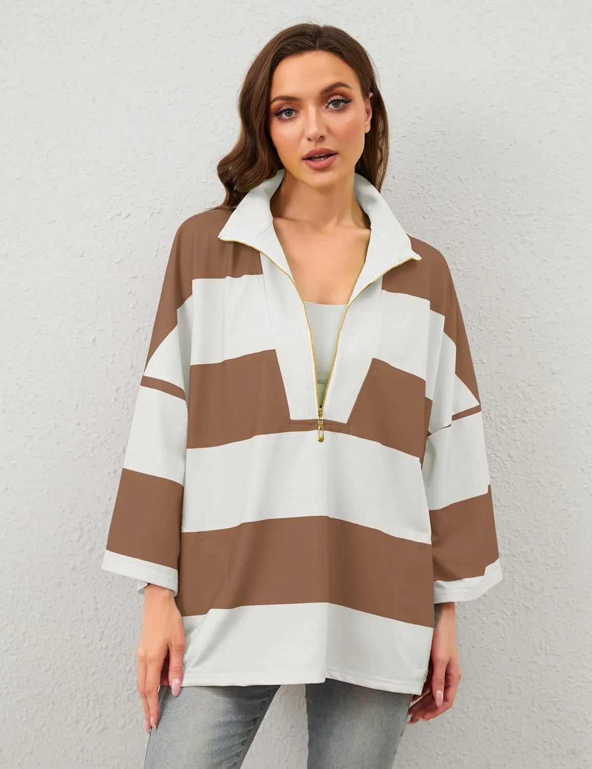 OLAPTA Women Oversized Striped Tee Shirts Half Zip Long Sleeve Colorblock T-Shirts Loose Fit V-Neck Casual Pullover Tee Tops