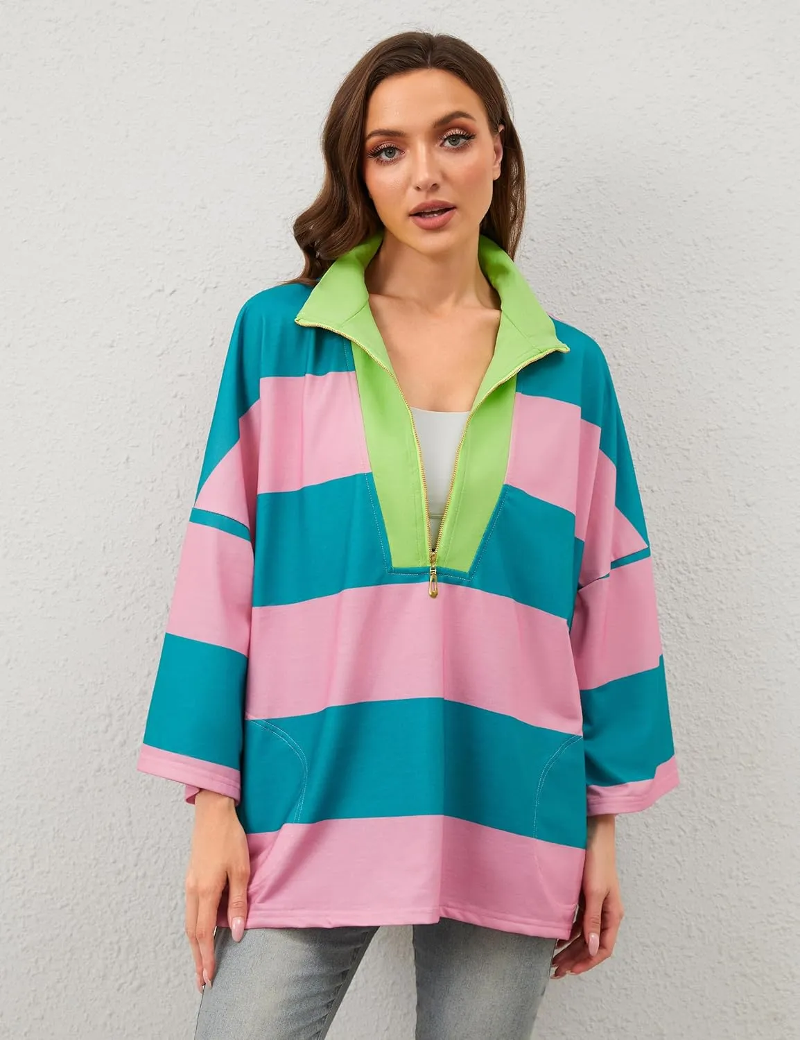 OLAPTA Women Oversized Striped Tee Shirts Half Zip Long Sleeve Colorblock T-Shirts Loose Fit V-Neck Casual Pullover Tee Tops