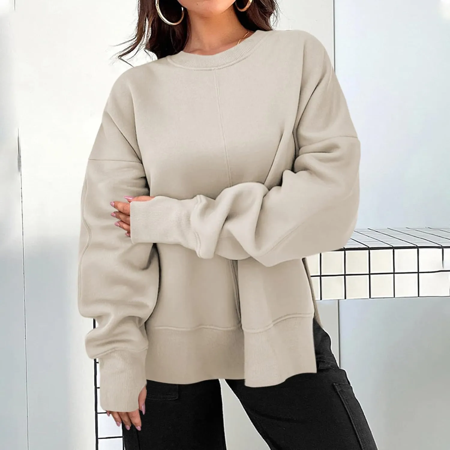 Oversized Crewneck Sweatshirt for Women Drop Shoulder Side Slit Fleece Pullover Tops Casual Comfy Preppy Hoodies 2024