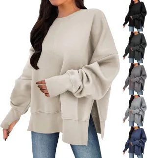 Oversized Crewneck Sweatshirt for Women Drop Shoulder Side Slit Fleece Pullover Tops Casual Comfy Preppy Hoodies 2024