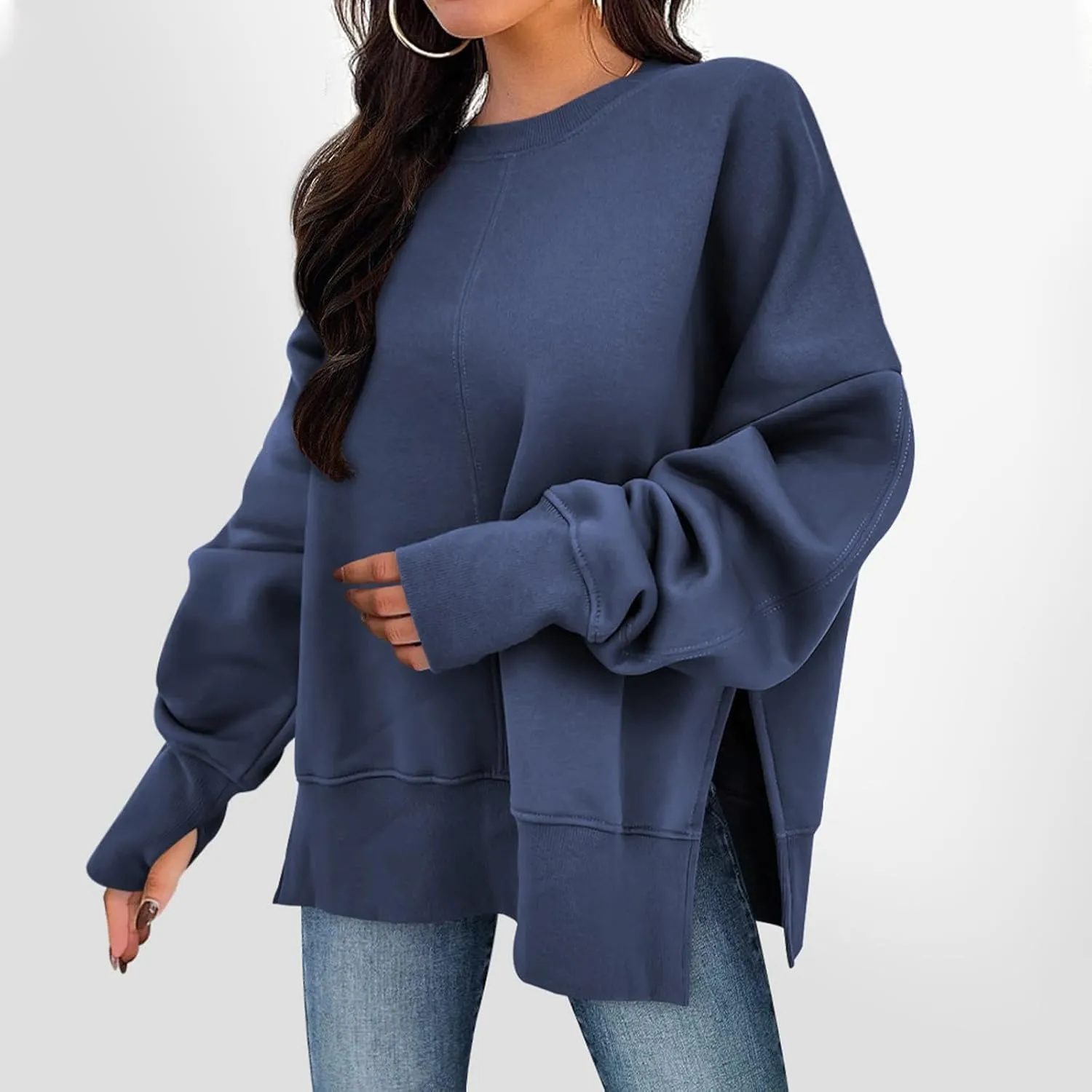 Oversized Crewneck Sweatshirt for Women Drop Shoulder Side Slit Fleece Pullover Tops Casual Comfy Preppy Hoodies 2024