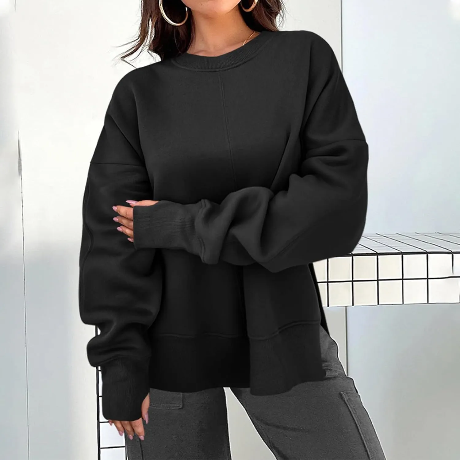 Oversized Crewneck Sweatshirt for Women Drop Shoulder Side Slit Fleece Pullover Tops Casual Comfy Preppy Hoodies 2024