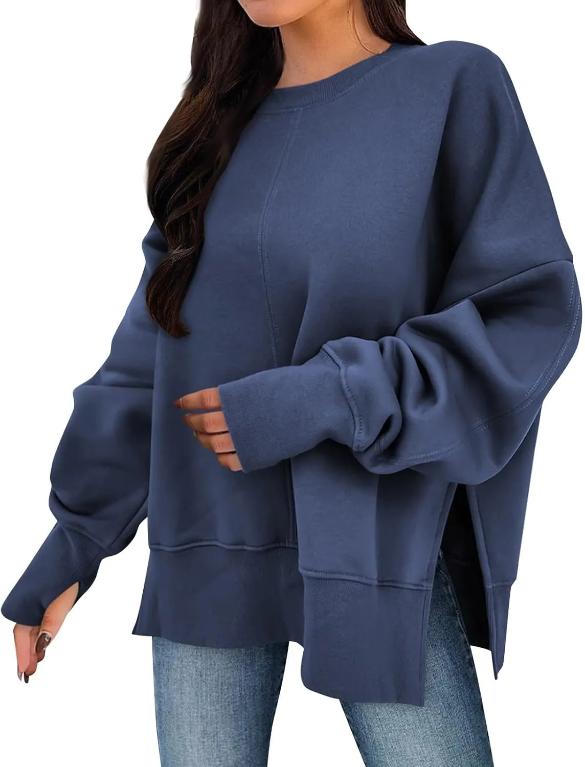 Oversized Crewneck Sweatshirt for Women Drop Shoulder Side Slit Fleece Pullover Tops Casual Comfy Preppy Hoodies 2024