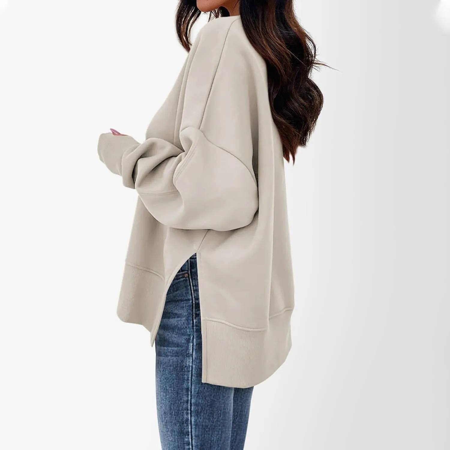 Oversized Crewneck Sweatshirt for Women Drop Shoulder Side Slit Fleece Pullover Tops Casual Comfy Preppy Hoodies 2024