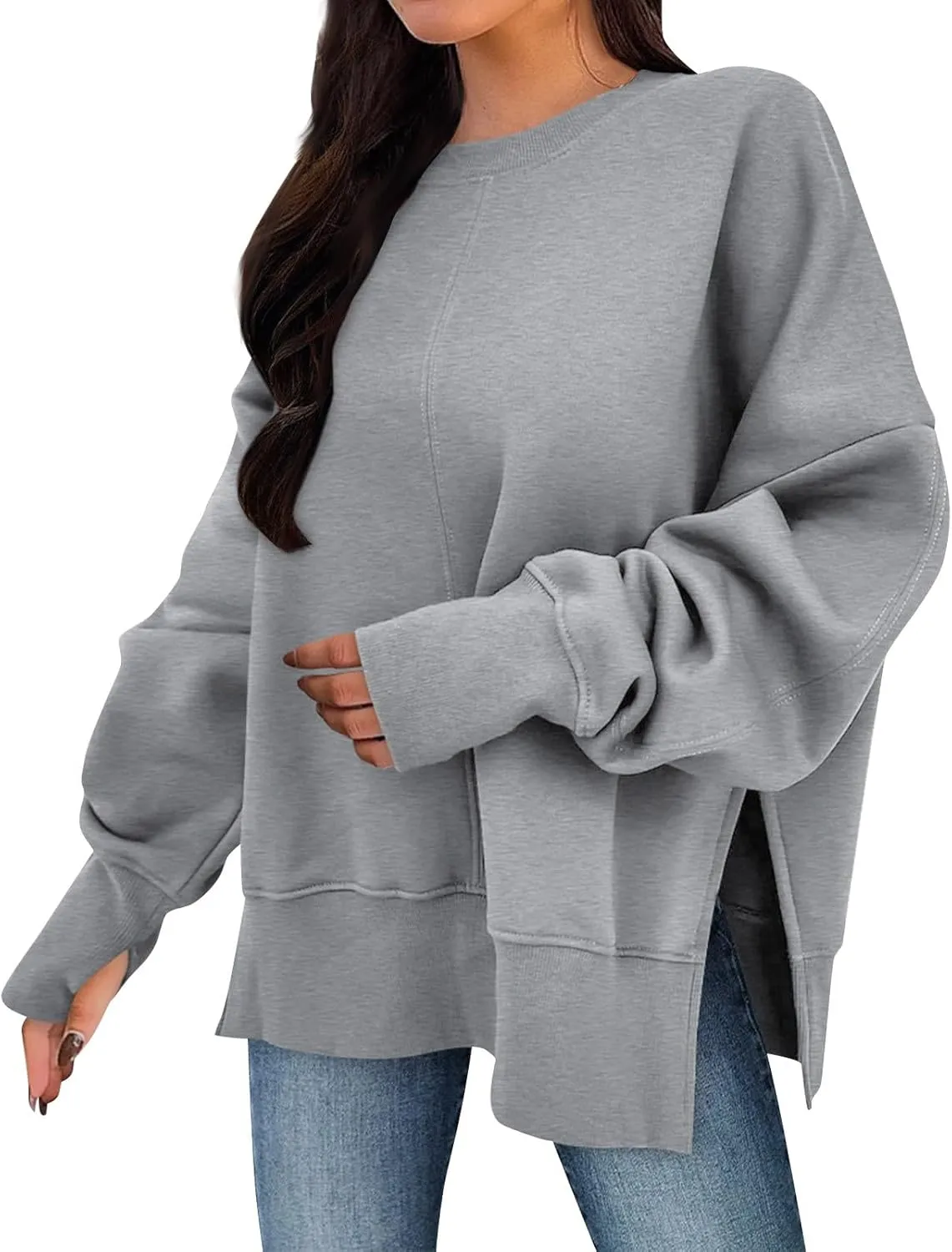 Oversized Crewneck Sweatshirt for Women Drop Shoulder Side Slit Fleece Pullover Tops Casual Comfy Preppy Hoodies 2024