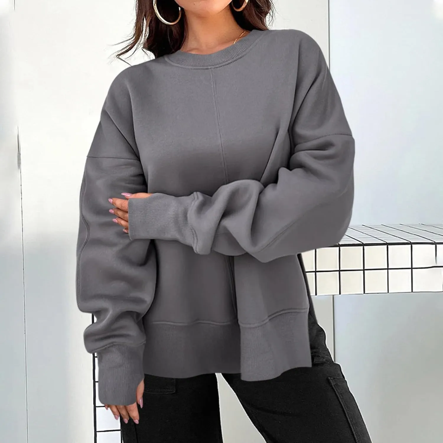 Oversized Crewneck Sweatshirt for Women Drop Shoulder Side Slit Fleece Pullover Tops Casual Comfy Preppy Hoodies 2024