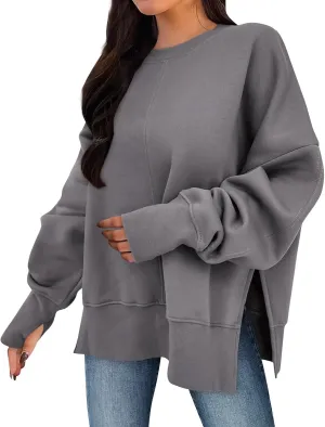 Oversized Crewneck Sweatshirt for Women Drop Shoulder Side Slit Fleece Pullover Tops Casual Comfy Preppy Hoodies 2024