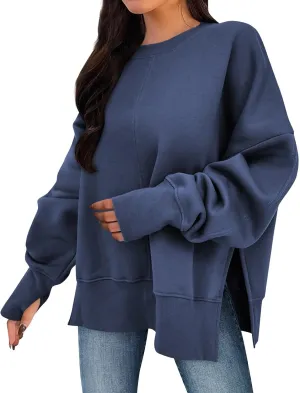 Oversized Crewneck Sweatshirt for Women Drop Shoulder Side Slit Fleece Pullover Tops Casual Comfy Preppy Hoodies 2024