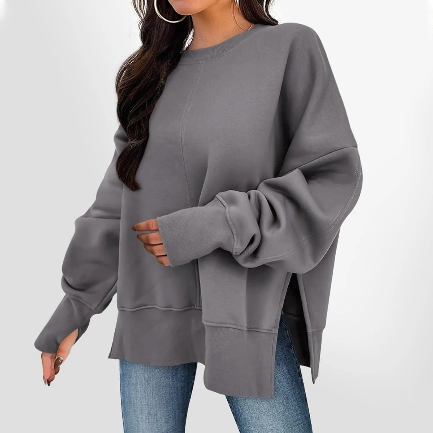 Oversized Crewneck Sweatshirt for Women Drop Shoulder Side Slit Fleece Pullover Tops Casual Comfy Preppy Hoodies 2024