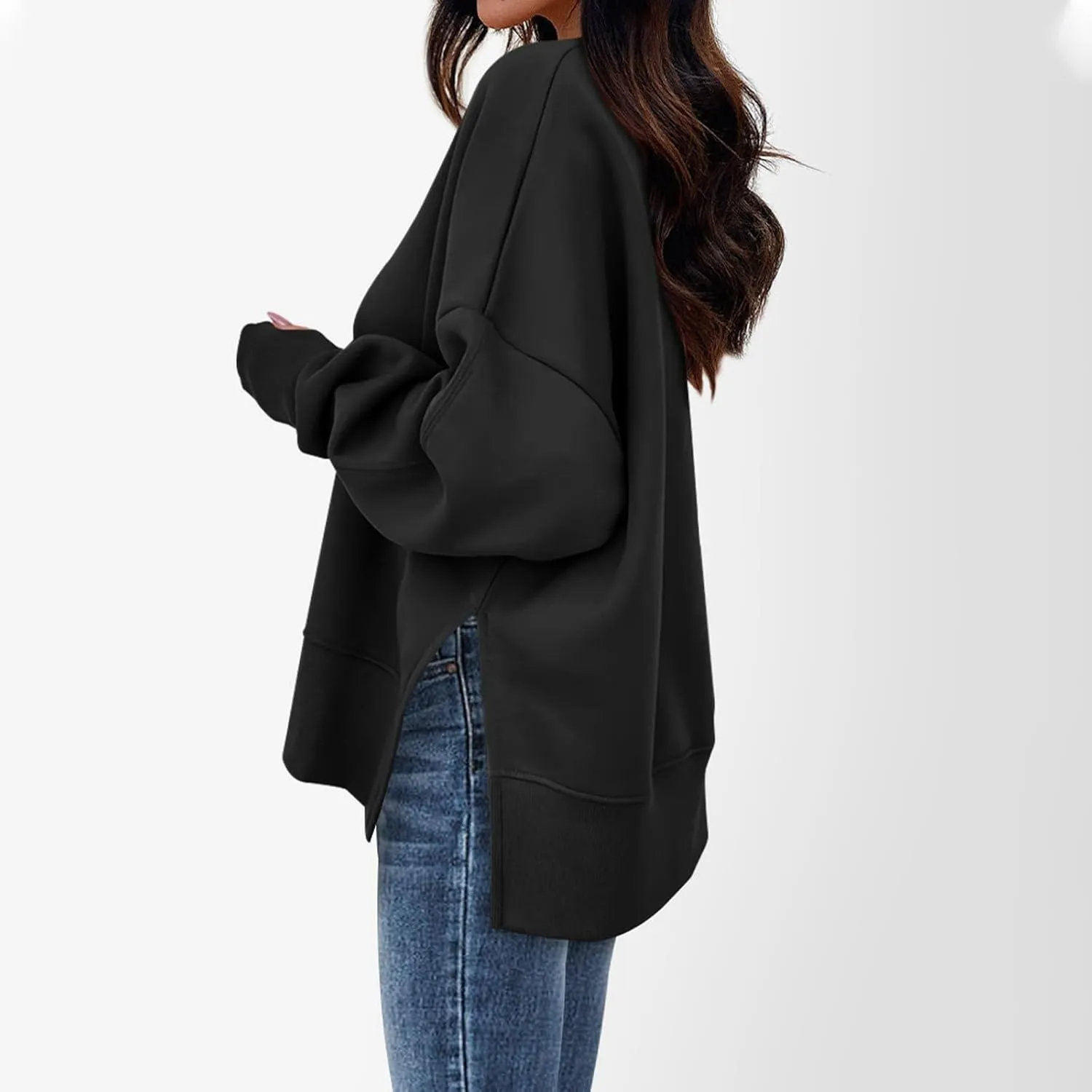 Oversized Crewneck Sweatshirt for Women Drop Shoulder Side Slit Fleece Pullover Tops Casual Comfy Preppy Hoodies 2024