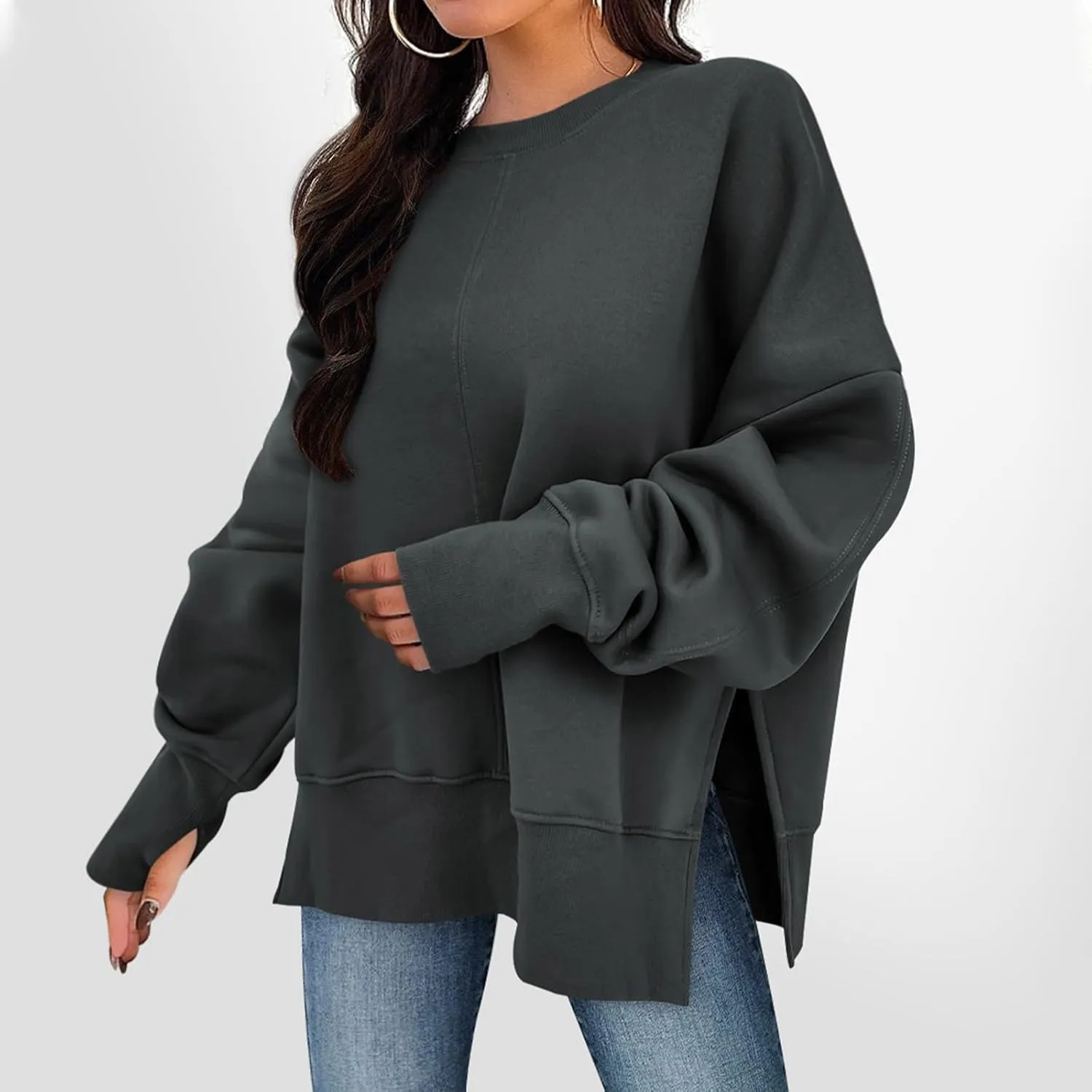 Oversized Crewneck Sweatshirt for Women Drop Shoulder Side Slit Fleece Pullover Tops Casual Comfy Preppy Hoodies 2024