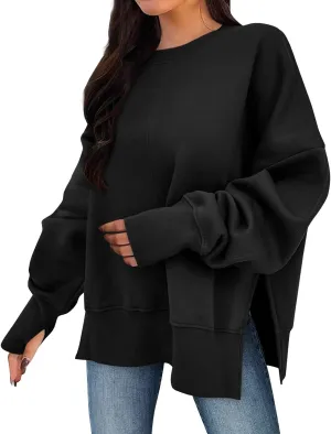 Oversized Crewneck Sweatshirt for Women Drop Shoulder Side Slit Fleece Pullover Tops Casual Comfy Preppy Hoodies 2024
