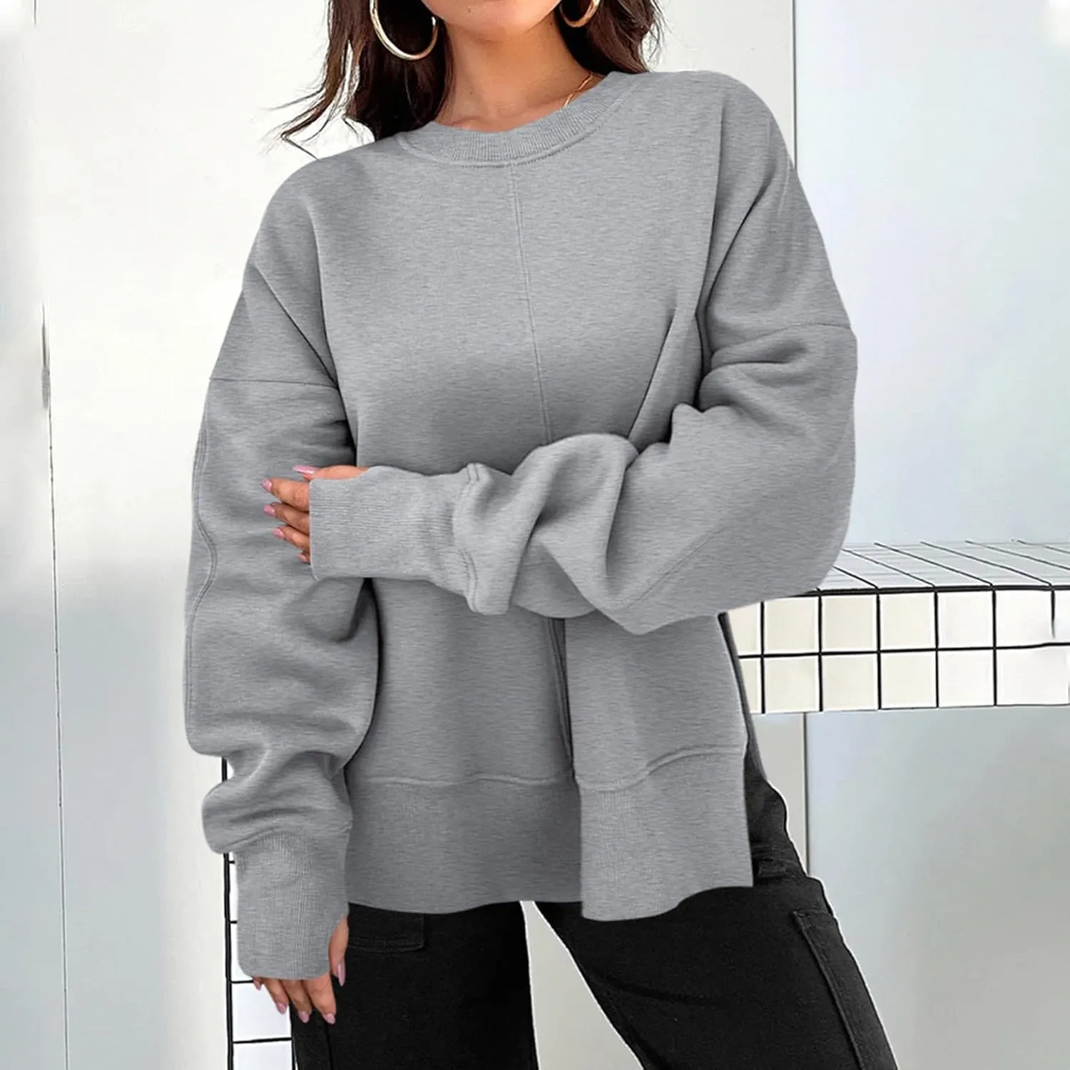 Oversized Crewneck Sweatshirt for Women Drop Shoulder Side Slit Fleece Pullover Tops Casual Comfy Preppy Hoodies 2024