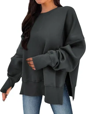 Oversized Crewneck Sweatshirt for Women Drop Shoulder Side Slit Fleece Pullover Tops Casual Comfy Preppy Hoodies 2024