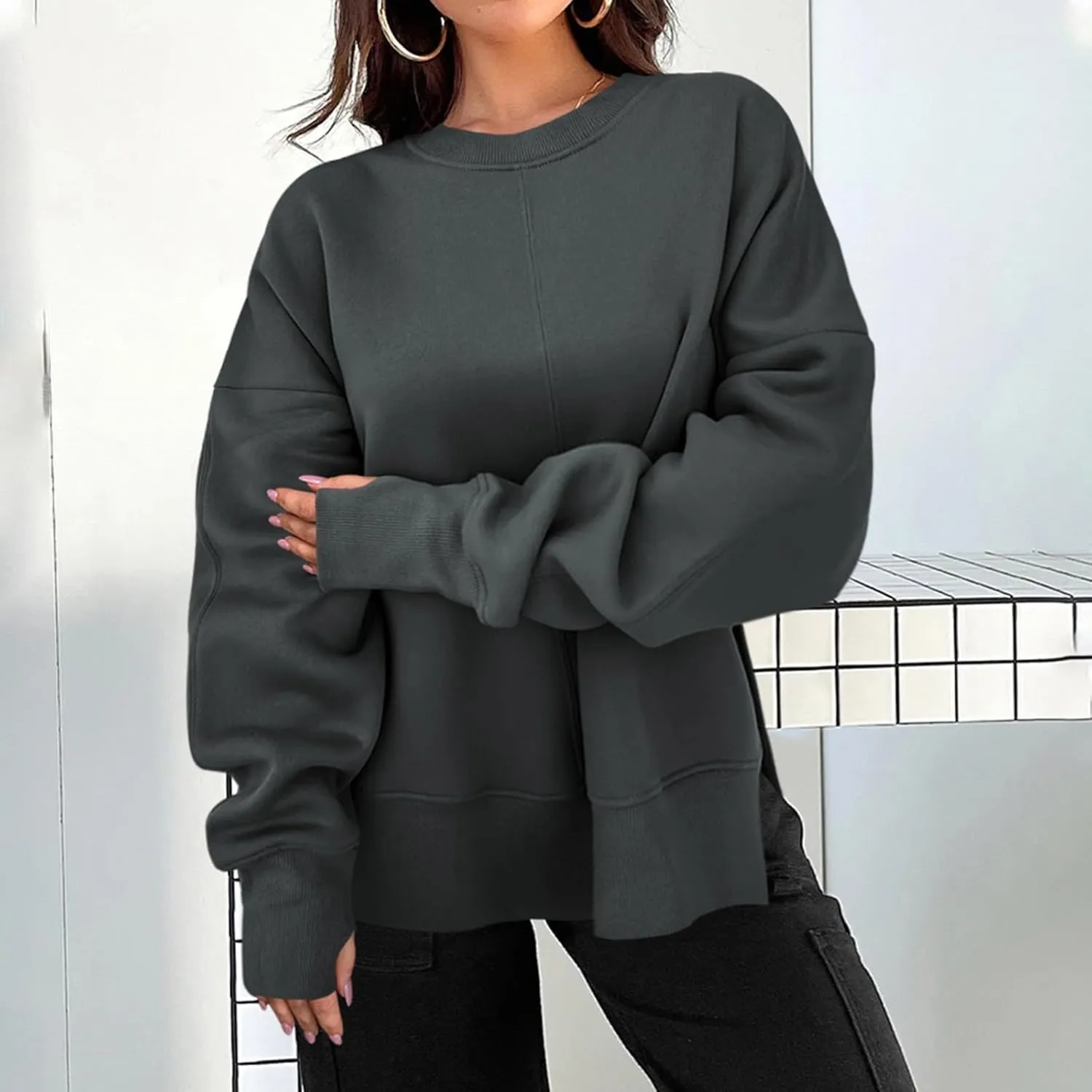 Oversized Crewneck Sweatshirt for Women Drop Shoulder Side Slit Fleece Pullover Tops Casual Comfy Preppy Hoodies 2024