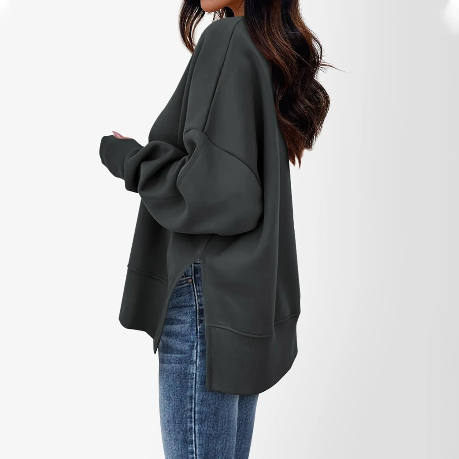 Oversized Crewneck Sweatshirt for Women Drop Shoulder Side Slit Fleece Pullover Tops Casual Comfy Preppy Hoodies 2024
