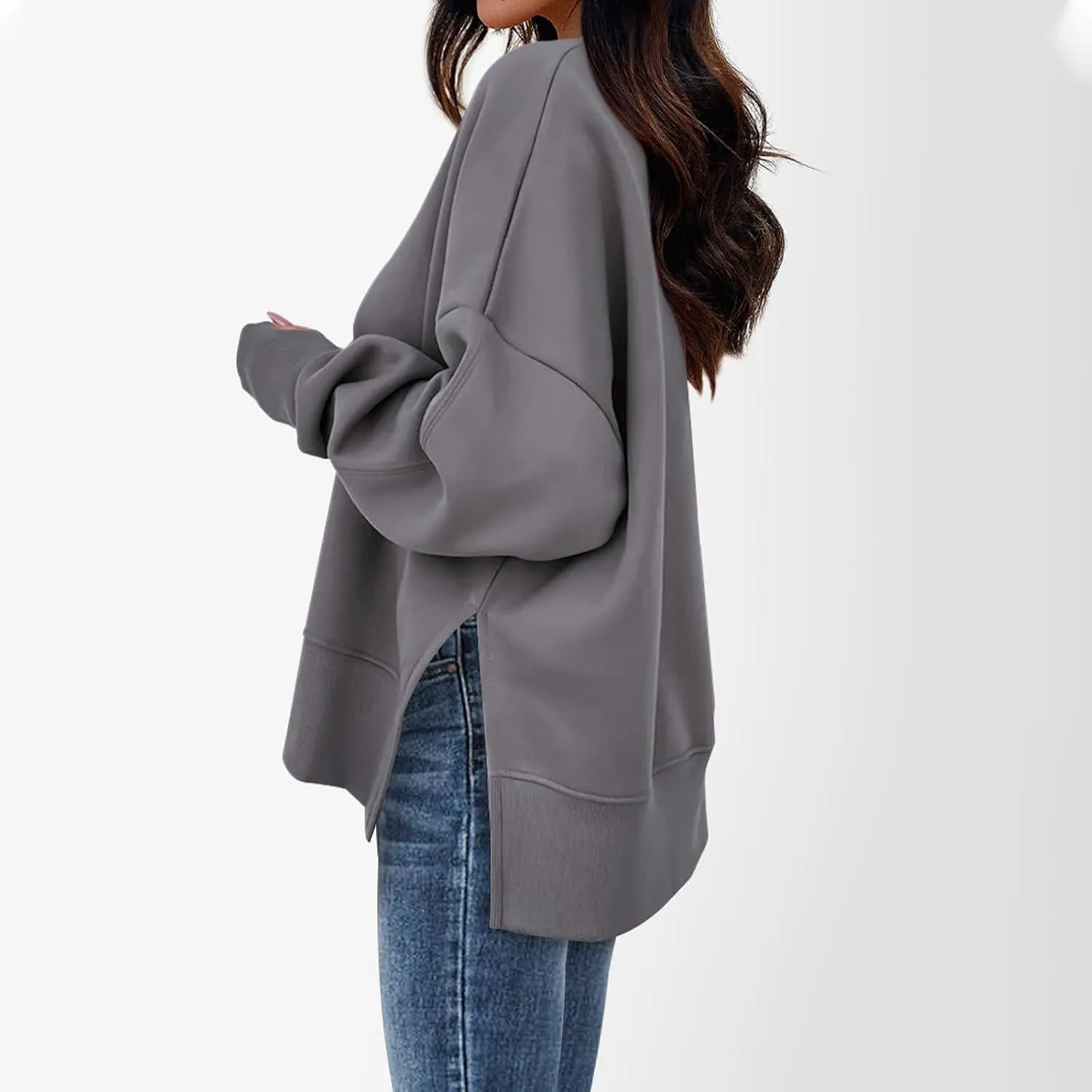 Oversized Crewneck Sweatshirt for Women Drop Shoulder Side Slit Fleece Pullover Tops Casual Comfy Preppy Hoodies 2024