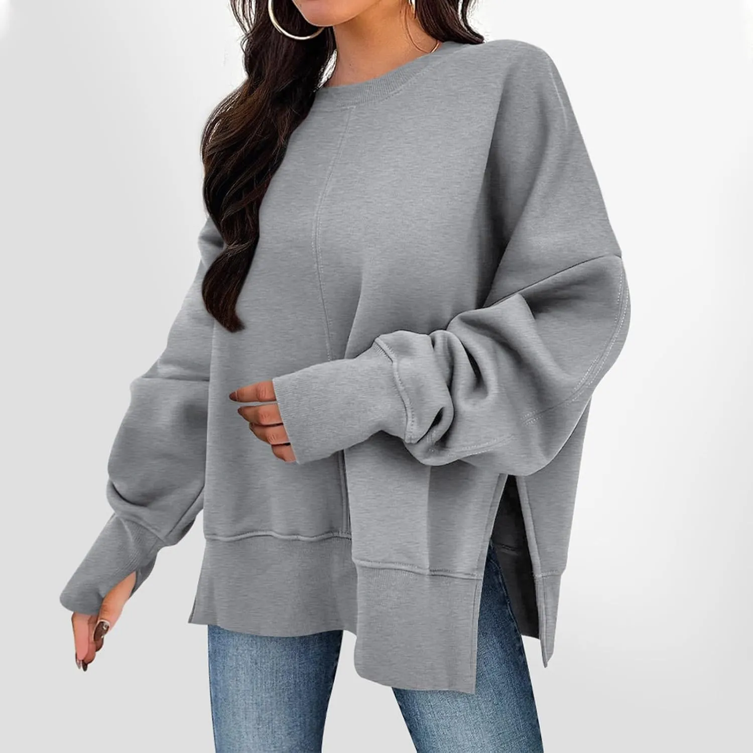 Oversized Crewneck Sweatshirt for Women Drop Shoulder Side Slit Fleece Pullover Tops Casual Comfy Preppy Hoodies 2024