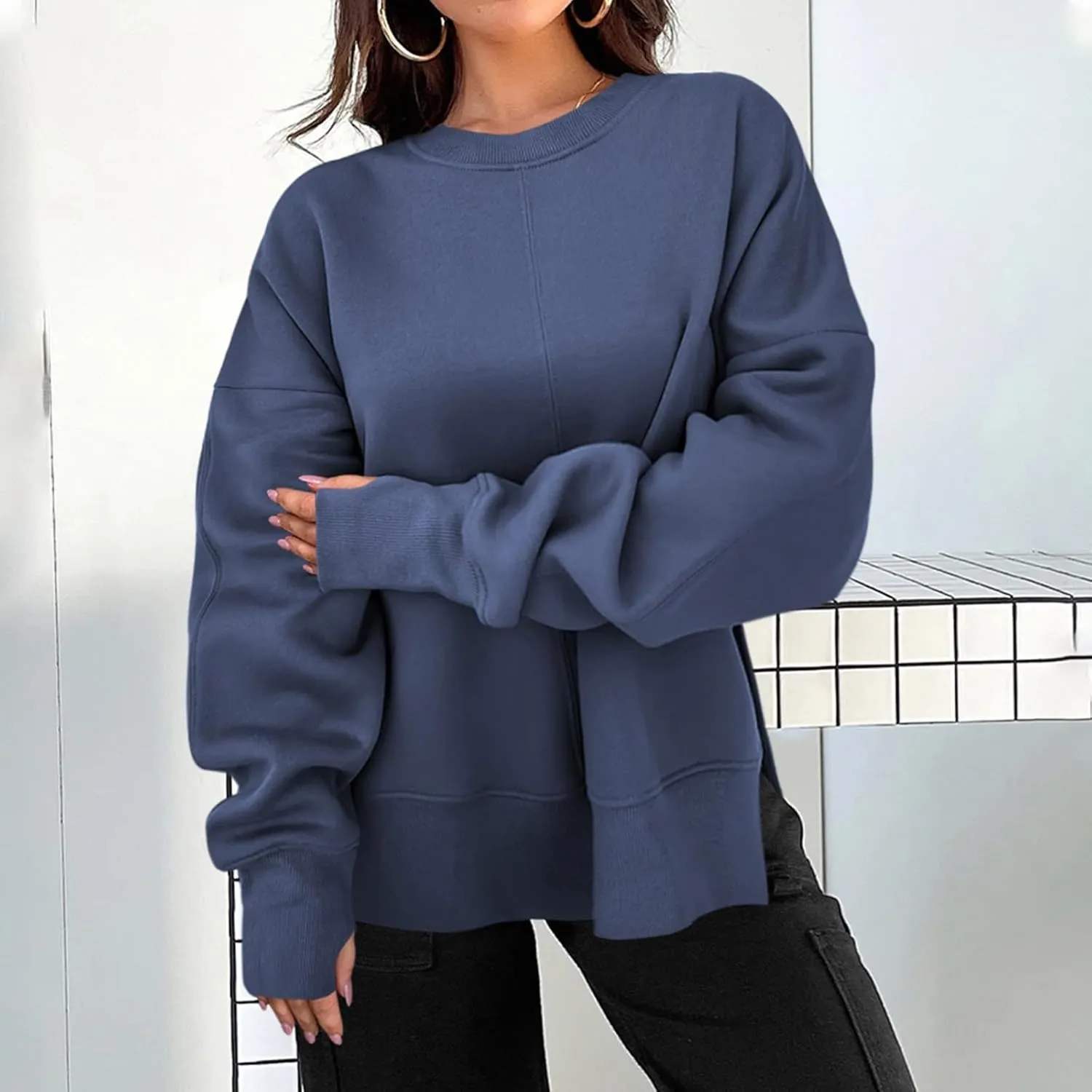 Oversized Crewneck Sweatshirt for Women Drop Shoulder Side Slit Fleece Pullover Tops Casual Comfy Preppy Hoodies 2024