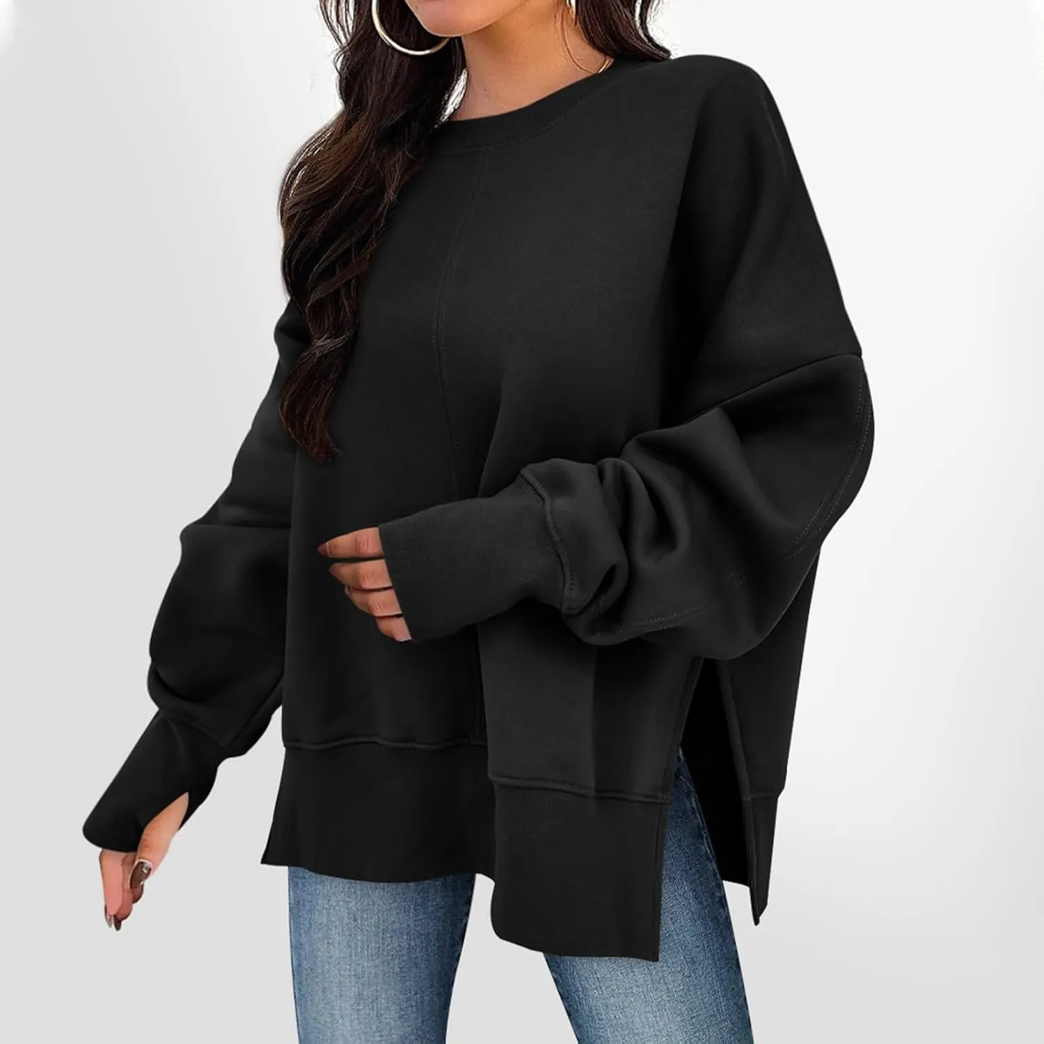 Oversized Crewneck Sweatshirt for Women Drop Shoulder Side Slit Fleece Pullover Tops Casual Comfy Preppy Hoodies 2024