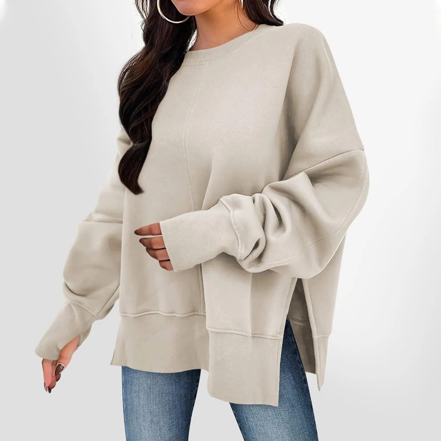 Oversized Crewneck Sweatshirt for Women Drop Shoulder Side Slit Fleece Pullover Tops Casual Comfy Preppy Hoodies 2024