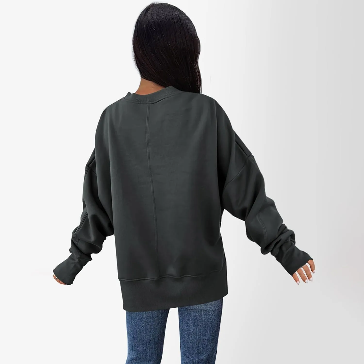 Oversized Crewneck Sweatshirt for Women Drop Shoulder Side Slit Fleece Pullover Tops Casual Comfy Preppy Hoodies 2024