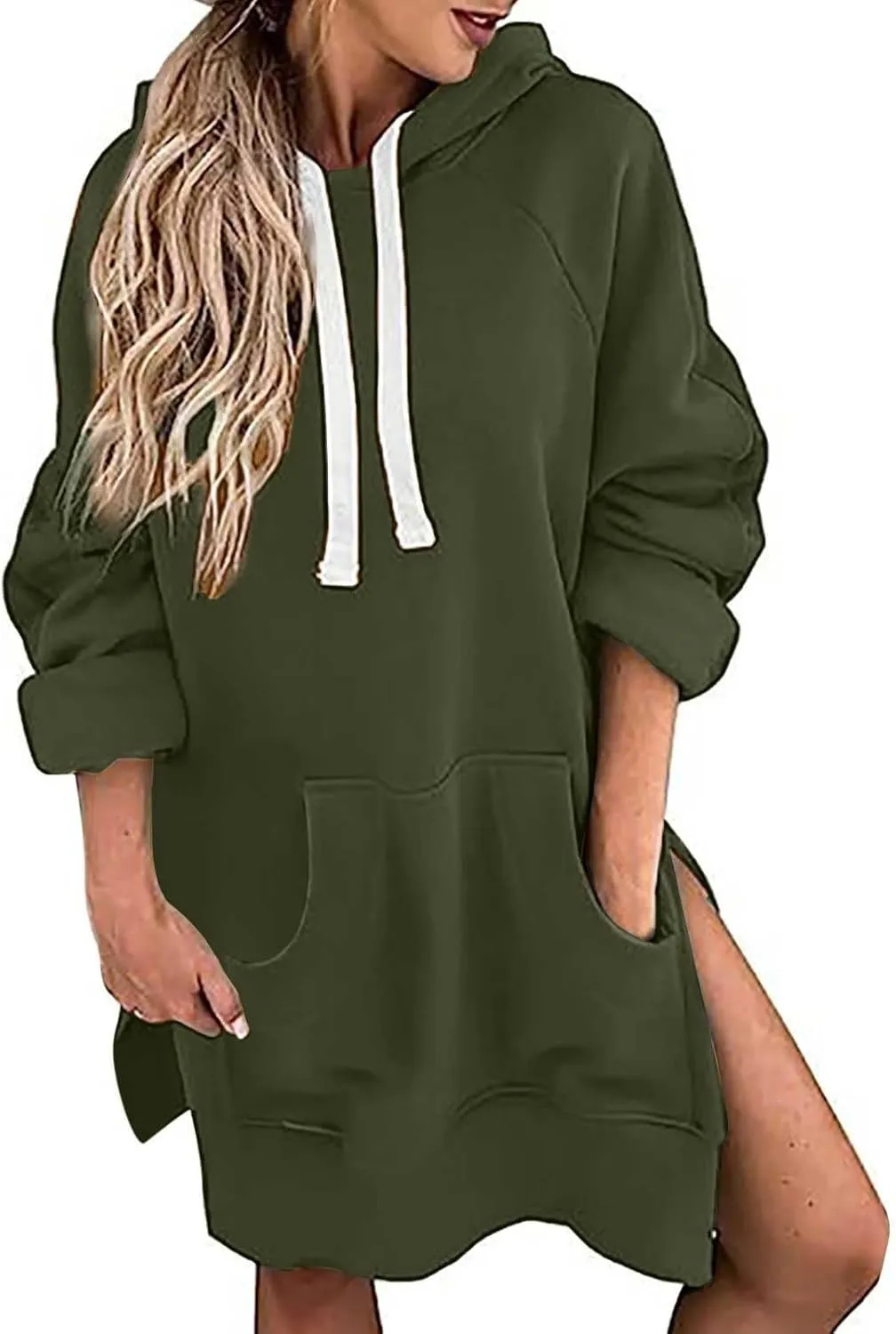 Oversized Hoodie Dress for Womens Hoodies Plus Size Casual Crewneck Long Sleeve Split Hem Pullover with Pockets