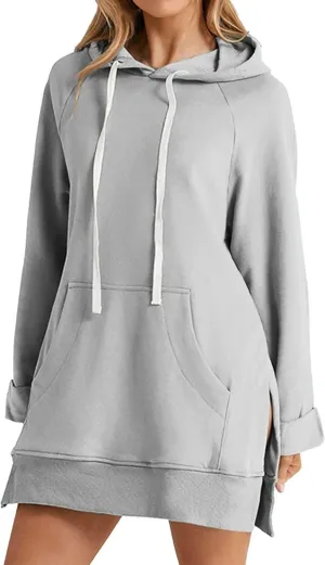Oversized Hoodie Dress for Womens Hoodies Plus Size Casual Crewneck Long Sleeve Split Hem Pullover with Pockets