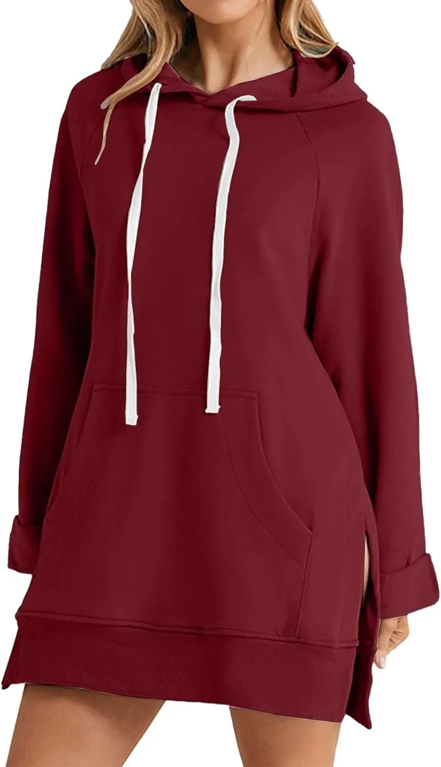 Oversized Hoodie Dress for Womens Hoodies Plus Size Casual Crewneck Long Sleeve Split Hem Pullover with Pockets