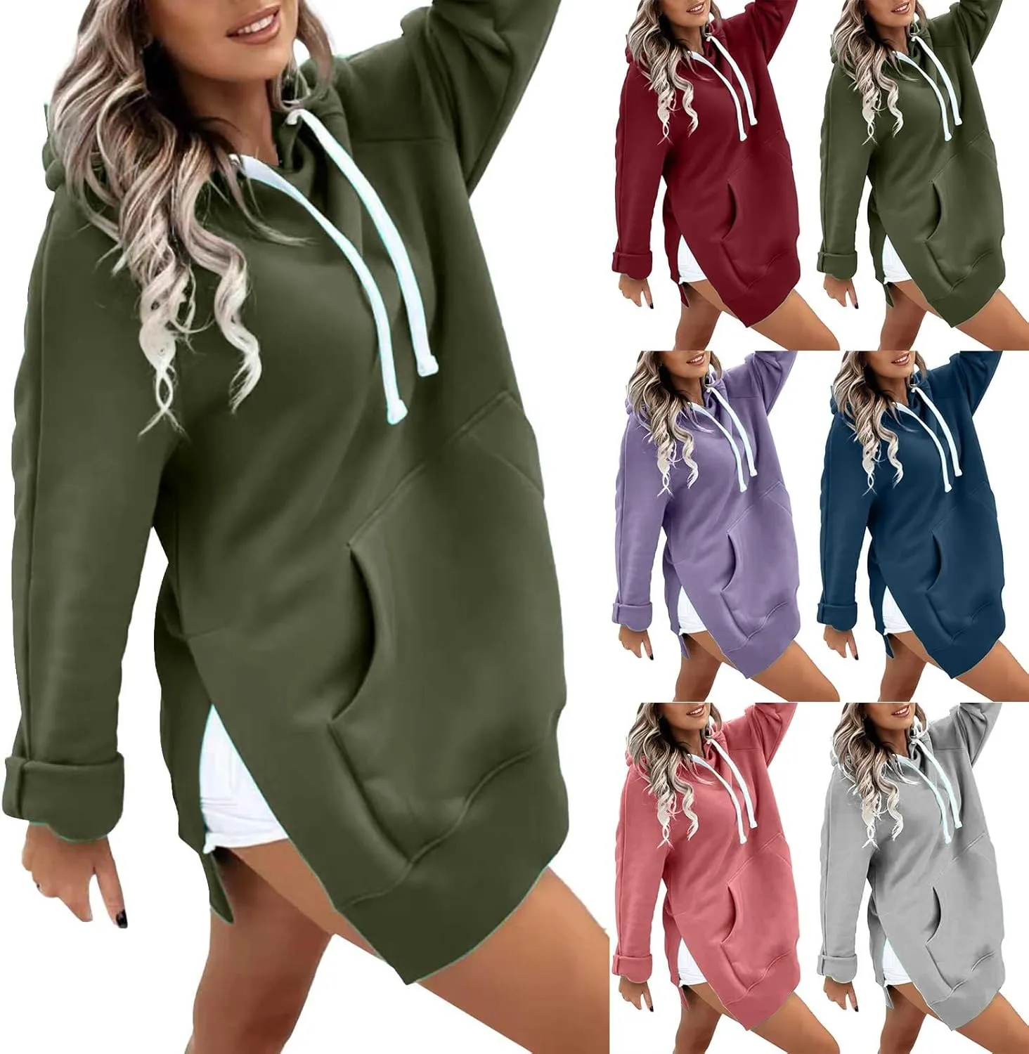 Oversized Hoodie Dress for Womens Hoodies Plus Size Casual Crewneck Long Sleeve Split Hem Pullover with Pockets