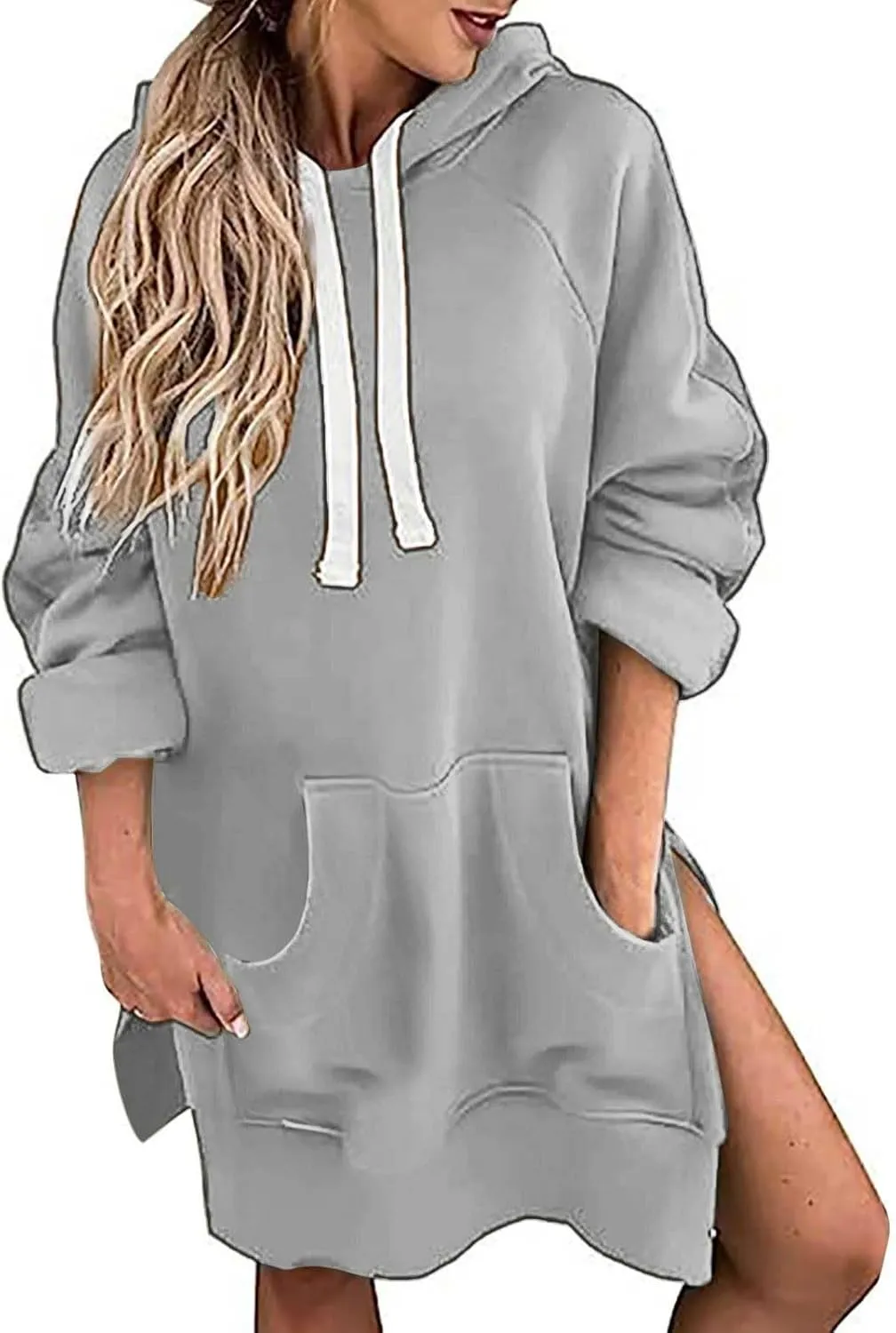 Oversized Hoodie Dress for Womens Hoodies Plus Size Casual Crewneck Long Sleeve Split Hem Pullover with Pockets