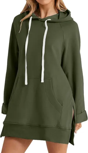 Oversized Hoodie Dress for Womens Hoodies Plus Size Casual Crewneck Long Sleeve Split Hem Pullover with Pockets