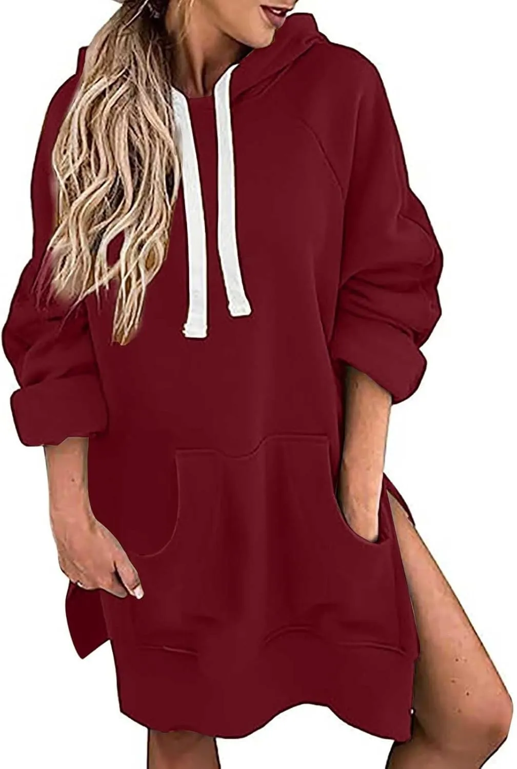 Oversized Hoodie Dress for Womens Hoodies Plus Size Casual Crewneck Long Sleeve Split Hem Pullover with Pockets