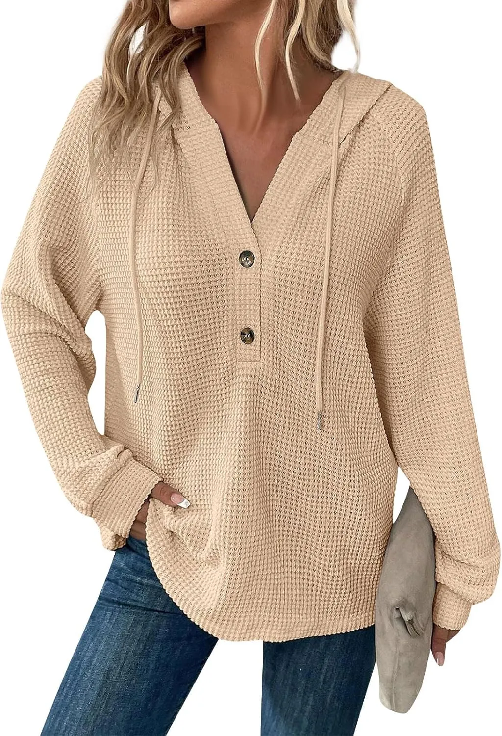 Oversized Hoodies for Women Soft V Neck Waffle Knit Hooded Sweatshirt Lightweight Fall Long Sleeve Pullover Sweaters