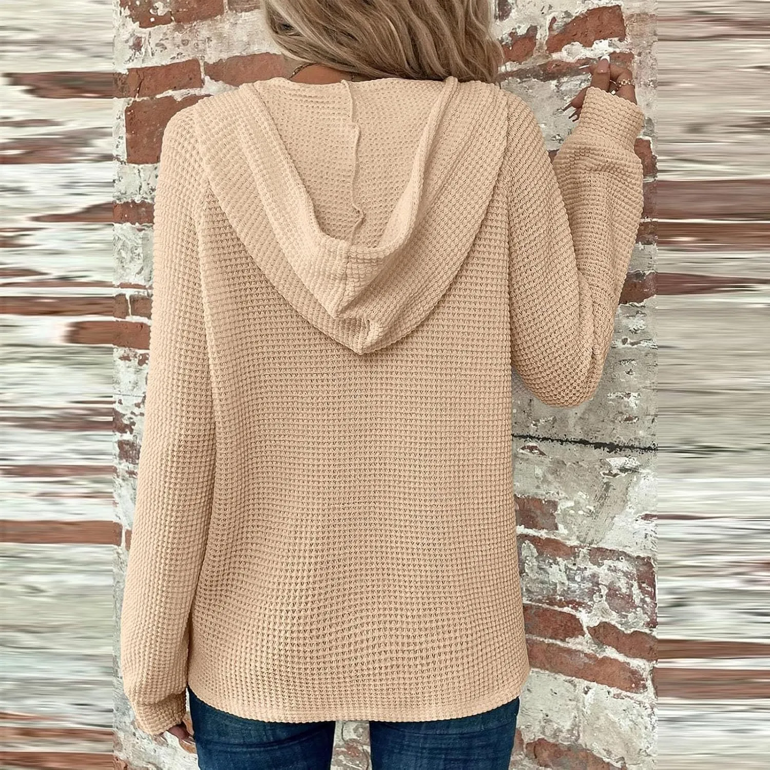Oversized Hoodies for Women Soft V Neck Waffle Knit Hooded Sweatshirt Lightweight Fall Long Sleeve Pullover Sweaters