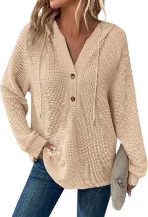 Oversized Hoodies for Women Soft V Neck Waffle Knit Hooded Sweatshirt Lightweight Fall Long Sleeve Pullover Sweaters