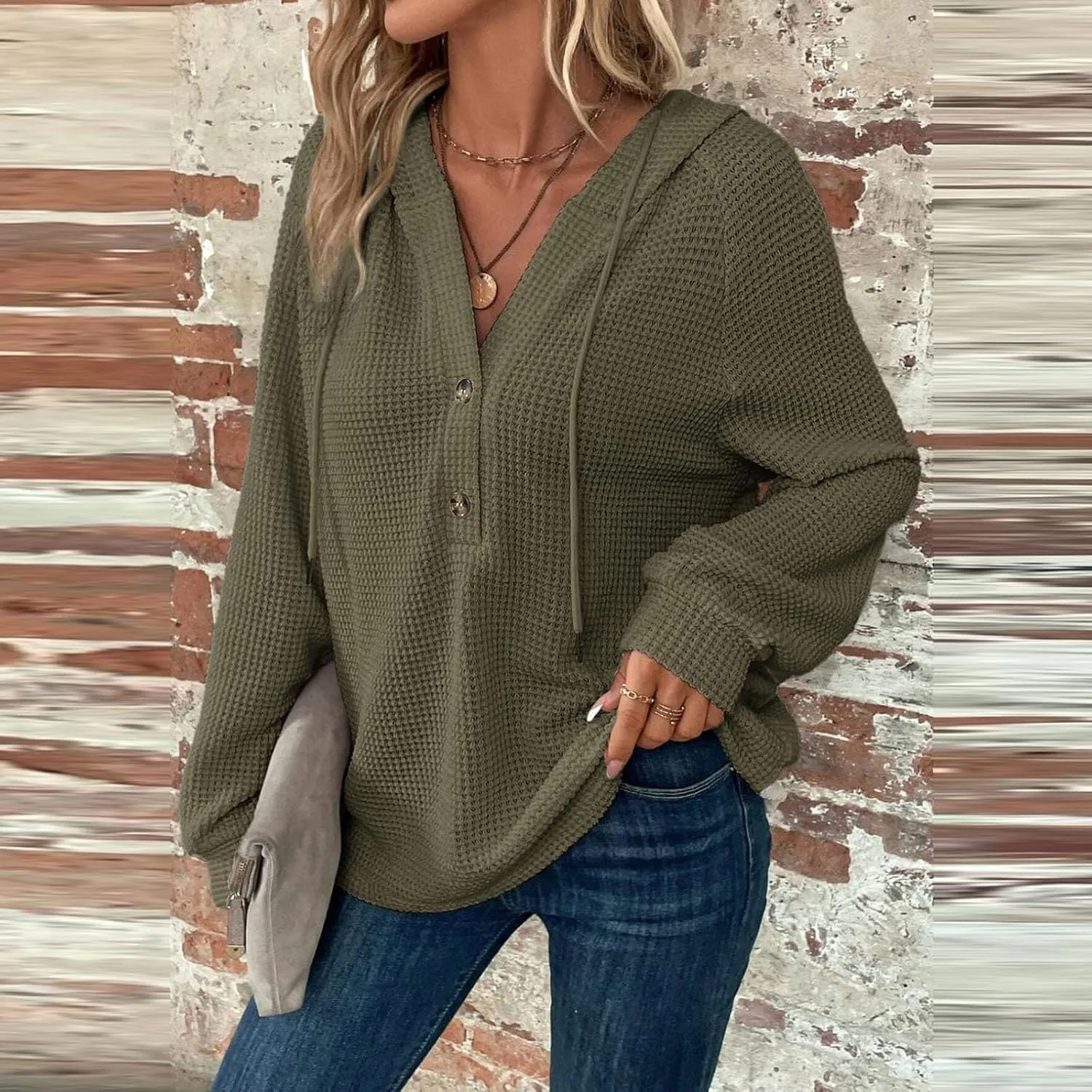 Oversized Hoodies for Women Soft V Neck Waffle Knit Hooded Sweatshirt Lightweight Fall Long Sleeve Pullover Sweaters