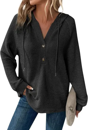 Oversized Hoodies for Women Soft V Neck Waffle Knit Hooded Sweatshirt Lightweight Fall Long Sleeve Pullover Sweaters