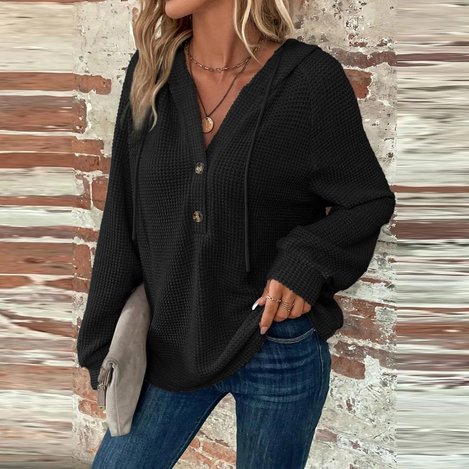 Oversized Hoodies for Women Soft V Neck Waffle Knit Hooded Sweatshirt Lightweight Fall Long Sleeve Pullover Sweaters
