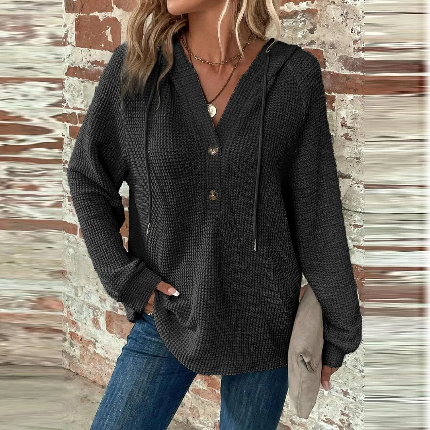 Oversized Hoodies for Women Soft V Neck Waffle Knit Hooded Sweatshirt Lightweight Fall Long Sleeve Pullover Sweaters