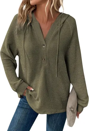 Oversized Hoodies for Women Soft V Neck Waffle Knit Hooded Sweatshirt Lightweight Fall Long Sleeve Pullover Sweaters